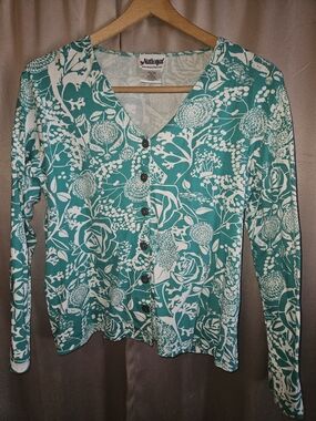 Vintage EUC National Floral Button-Front Cardigan in Teal and White